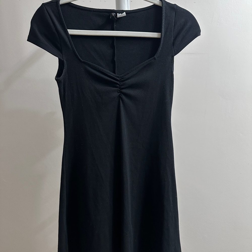 Divided Black Mini Dress with Cap Sleeves